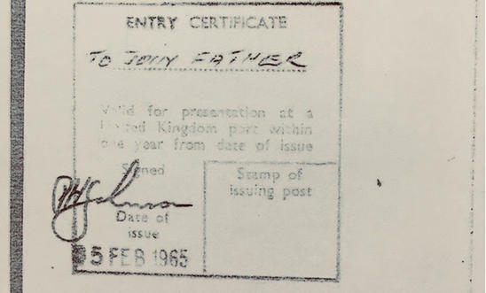 Stamp of entry for a child joining their father in the UK in 1965 (with no limit on entry or stay) Stamp of entry for a child joining their father in the UK in 1965 (with no limit on entry or stay)